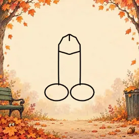 An autumn park with blazing orange trees, a park bench, a leaf-stuffed bin and eyes peeking out of a pile of leaves. A cartoon dick is drawn in black outline in the open middle.