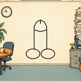 An empty office with a spilled coffee, overflowing papers and a tiny trophy. A cartoon dick is drawn in black outline in the open middle.