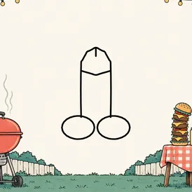 A backyard barbecue scene with space for a character in the center. A cartoon dick is drawn in black outline in the open middle.