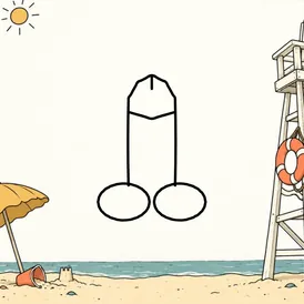 An open beach scene with lifeguard props at the edges. A cartoon dick is drawn in black outline in the open middle.