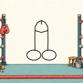 An empty cartoon boxing ring with an open center. A cartoon dick is drawn in black outline in the open middle.