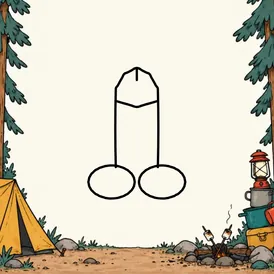 A forest camping scene with an open central clearing. A cartoon dick is drawn in black outline in the open middle.