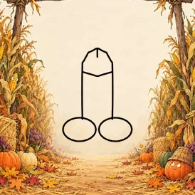 The entrance to a corn maze under a rustic wooden arch, with tall corn stalks, hay bales and a cheerful pumpkin in a bucket hat. A cartoon dick is drawn in black outline in the open middle.