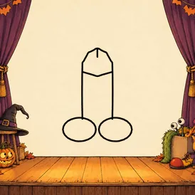 An empty stage between purple curtains hung with paper bats, with a witch hat on a stool, a jack-o’-lantern and a box of costumes with googly eyes. A cartoon dick is drawn in black outline in the open middle.