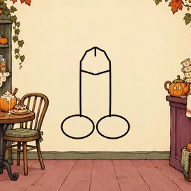 A cozy fall cafe with a pumpkin spice latte and a cinnamon roll on a little table, a pumpkin teapot and a stack of teacups on the counter. A cartoon dick is drawn in black outline in the open middle.