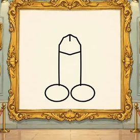 An oversized empty gold picture frame in a fancy gallery. A cartoon dick is drawn in black outline in the open middle.