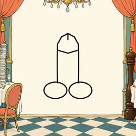 An empty fancy restaurant scene with tables and dining props at the edges. A cartoon dick is drawn in black outline in the open middle.