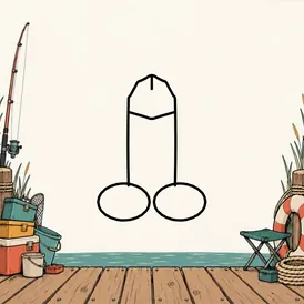 An empty fishing dock scene with fishing props at the edges. A cartoon dick is drawn in black outline in the open middle.
