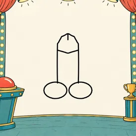 An empty game-show stage with playful props framing the drawing area. A cartoon dick is drawn in black outline in the open middle.