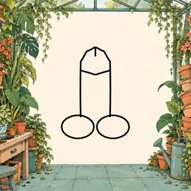 An open greenhouse scene with plants around the edges. A cartoon dick is drawn in black outline in the open middle.