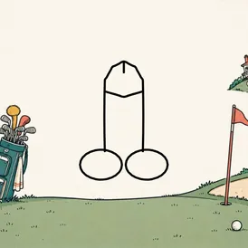 An open golf green with playful golfing props at the edges. A cartoon dick is drawn in black outline in the open middle.
