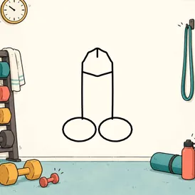 An empty cartoon gym with equipment around the edges. A cartoon dick is drawn in black outline in the open middle.