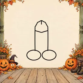 A wooden porch framed by autumn leaves, with grinning jack-o’-lanterns, a pumpkin in a witch hat and a pair of striped witch boots. A cartoon dick is drawn in black outline in the open middle.