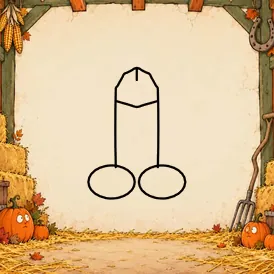 Inside a harvest barn with hay bales, dried corn, a horseshoe, a pitchfork and wary pumpkins on the straw. A cartoon dick is drawn in black outline in the open middle.