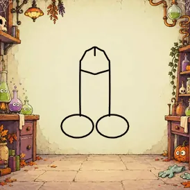 A haunted laboratory with bubbling flasks that have faces, a skull on a shelf, copper pipes, potion bottles and a dropped green glove. A cartoon dick is drawn in black outline in the open middle.