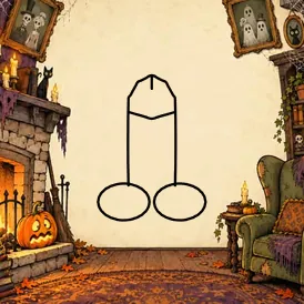 A haunted living room with a crackling fireplace, a nervous jack-o’-lantern, a black cat, ghostly portraits and a patched armchair at the edges. A cartoon dick is drawn in black outline in the open middle.