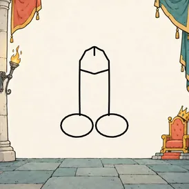An empty royal hall with a throne and medieval props at the edges. A cartoon dick is drawn in black outline in the open middle.