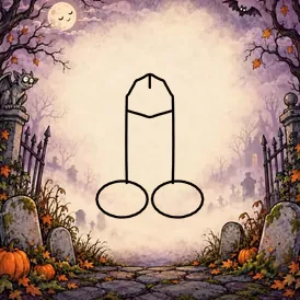 A misty cemetery under a sleepy full moon, with mossy gravestones, iron gates, a goggle-eyed gargoyle and a bat at the edges. A cartoon dick is drawn in black outline in the open middle.