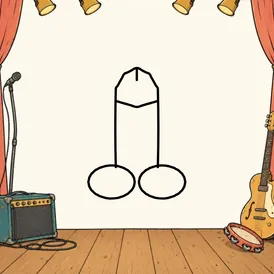 An empty music stage with instruments and equipment at the edges. A cartoon dick is drawn in black outline in the open middle.