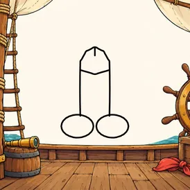 An empty pirate ship deck framed by nautical props. A cartoon dick is drawn in black outline in the open middle.