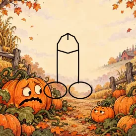 A pumpkin patch under an autumn sky, a worried pumpkin and a smug one in the vines, with a red barn on the far hill. A cartoon dick is drawn in black outline in the open middle.