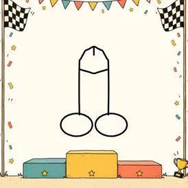 A racing celebration scene with a podium and open drawing space. A cartoon dick is drawn in black outline in the open middle.