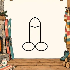 An empty ski lodge interior with skis, a fireplace and winter gear at the edges. A cartoon dick is drawn in black outline in the open middle.