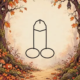 A foggy forest trail between gnarled autumn trees, with eyes peering from the trunks, a hanging bat, toadstools and a startled pumpkin. A cartoon dick is drawn in black outline in the open middle.