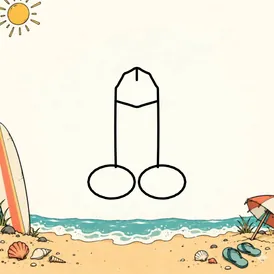 A pale open shoreline with surfing props around the edges. A cartoon dick is drawn in black outline in the open middle.