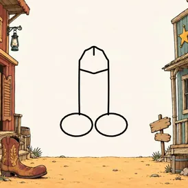An empty western street with buildings and props at the edges. A cartoon dick is drawn in black outline in the open middle.