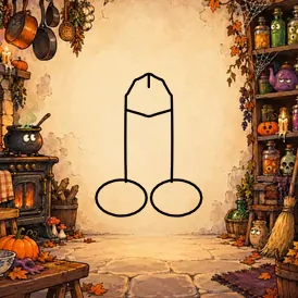 A witch’s kitchen with a bubbling cauldron on the stove, hanging pots, a broom and shelves of jars with eyes in them. A cartoon dick is drawn in black outline in the open middle.